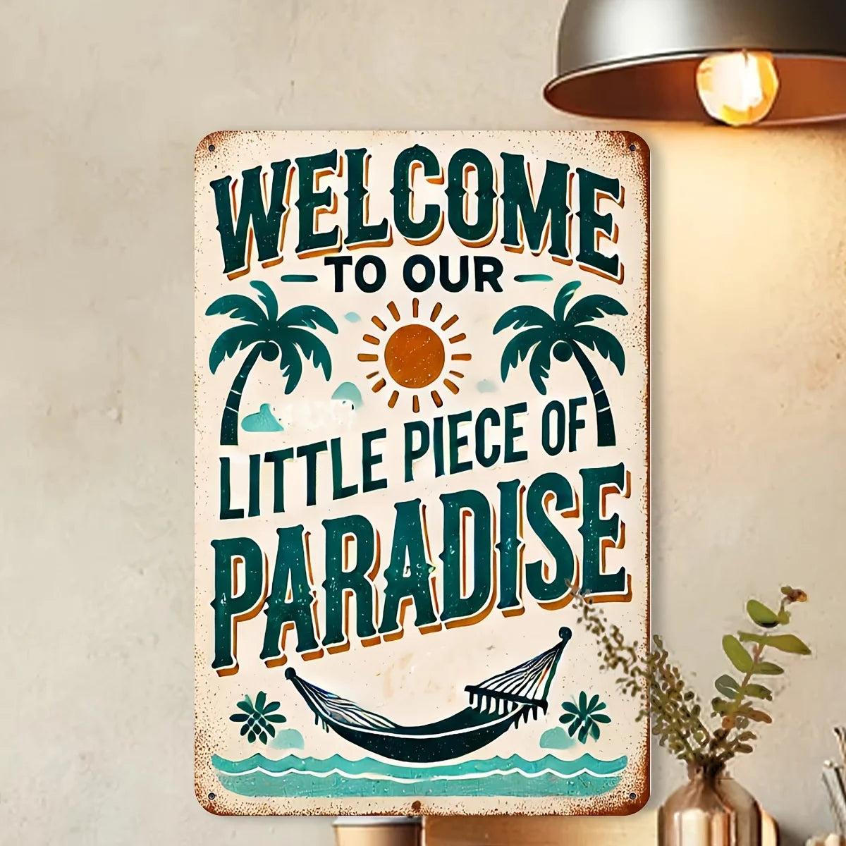 plaque decorative vintage blanc vert bleu brun palmiers soleil hamac fleurs vague bienvenue exterieur