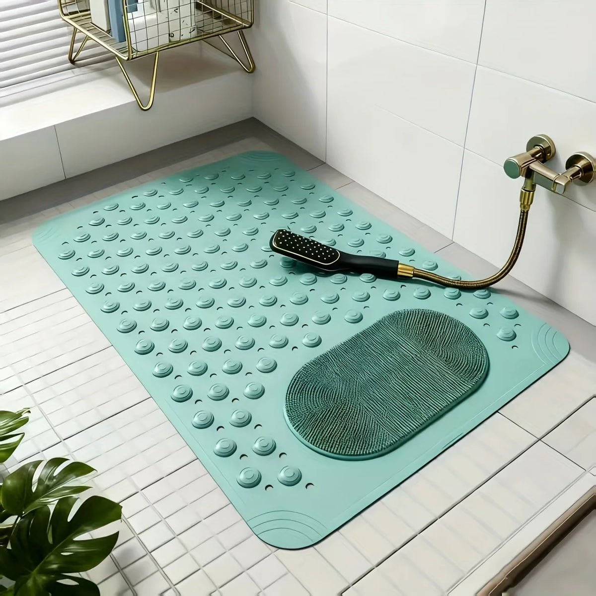 tapis bain antidérapant gris beige vert moderne bosses géométrique opaquet fonctionnel