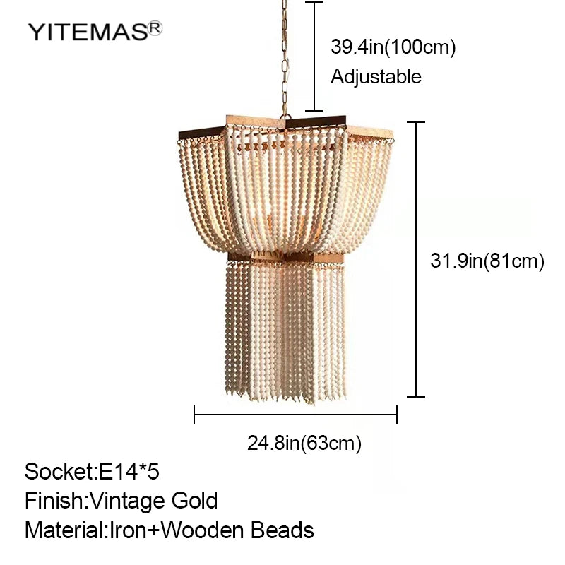 lampe suspendue bois blanc doré moderne vintage chaîne métallique e14 5sockets