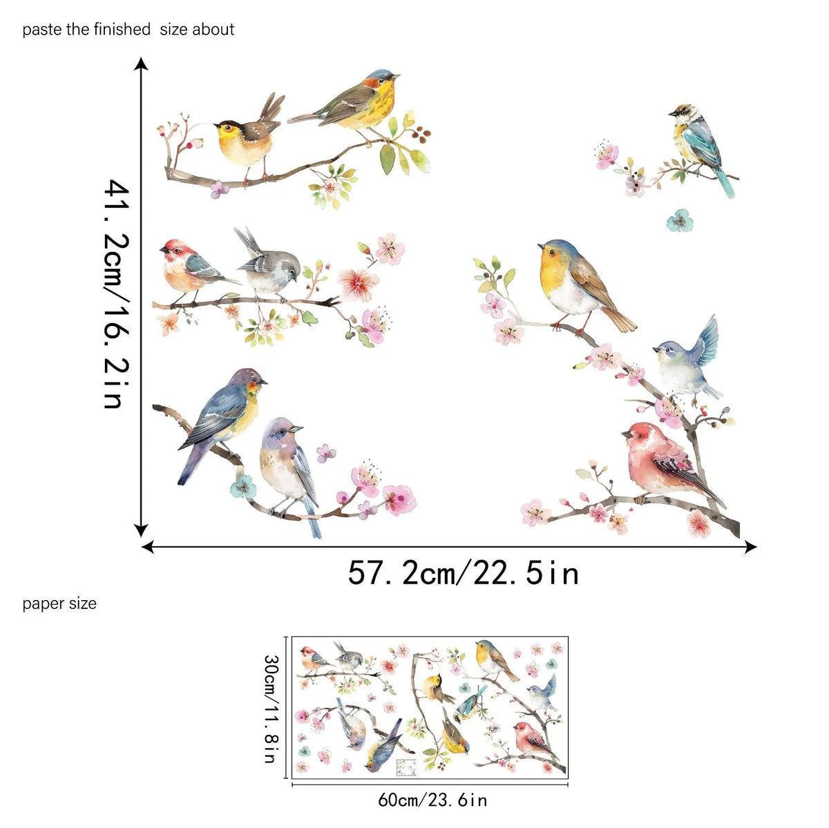 sticker mural oiseaux branches fleurs colorées bleu gris jaune rose vert adhésif pvc artistique