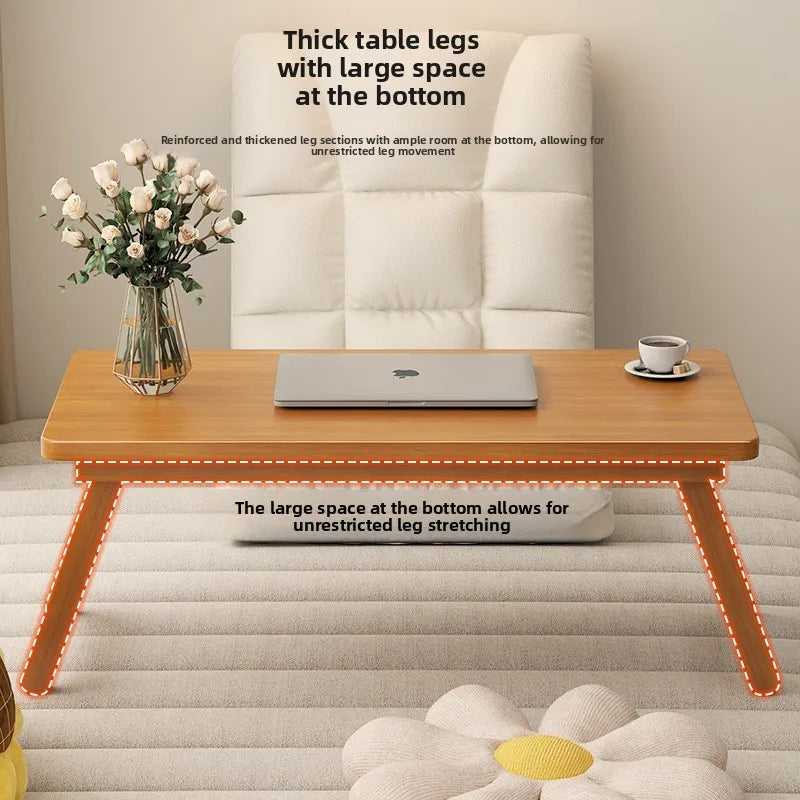 table pliable moderne bois naturel claire lisse polie minimaliste tasse ordinateur portable vase fleurs