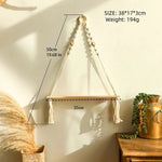 étagère suspendue boho corde tressée bois franges anneaux métal chambre salon bois naturel