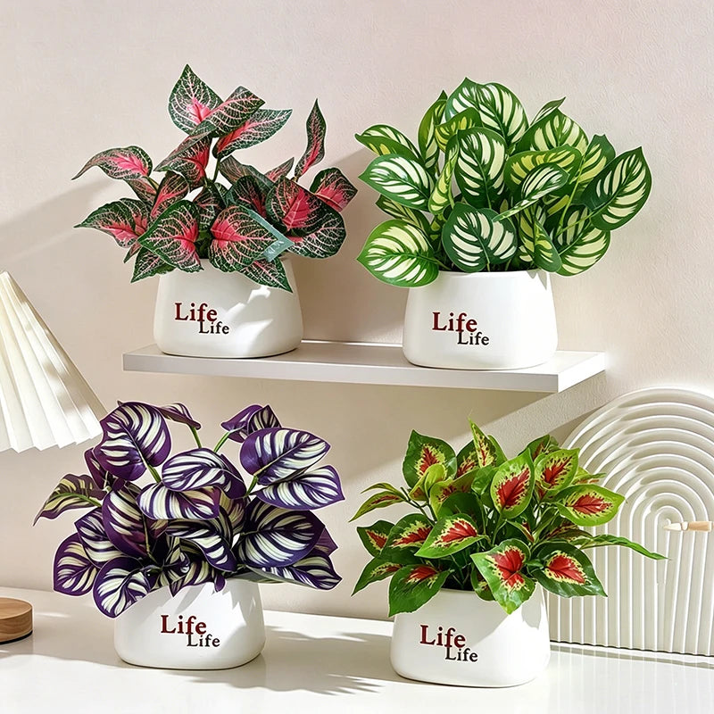 plantes artificielles vertes moderne pots blancs décoration intérieure feuilles variées minimaliste