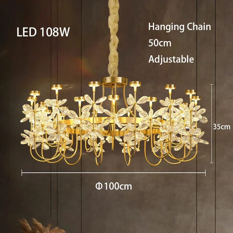 lustre or cristal transparent fleurs classique suspension chaines led moderne