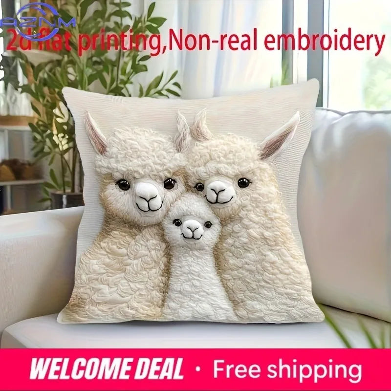housse coussin alpagas mignons motif famille polyester moderne 45x45cm blanc decoration chambre respect environnement