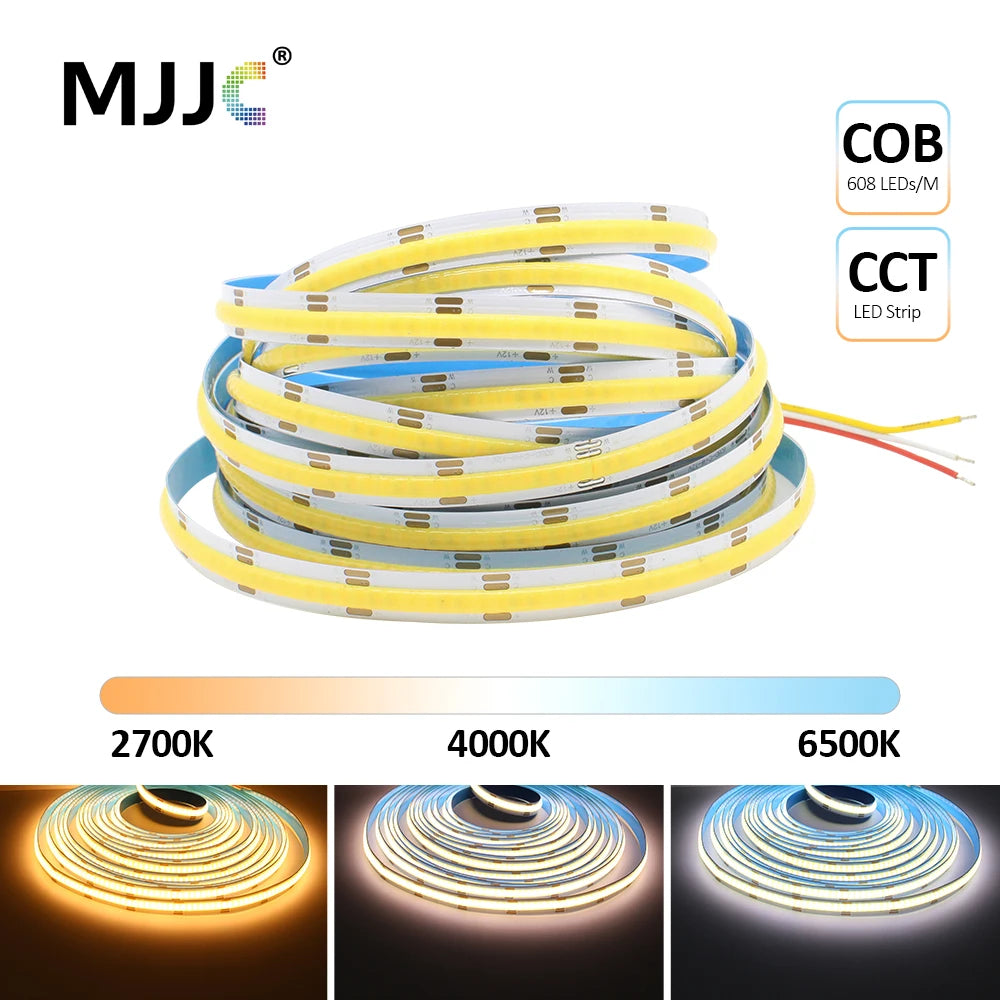ruban led cob blanc jaune flexible haute densité 608 leds 10mm pcb adhésif