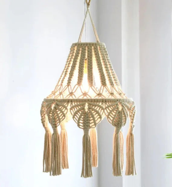 lampe suspendue macramé franges boho deco salon coton beige clair artisanal hand wash machine