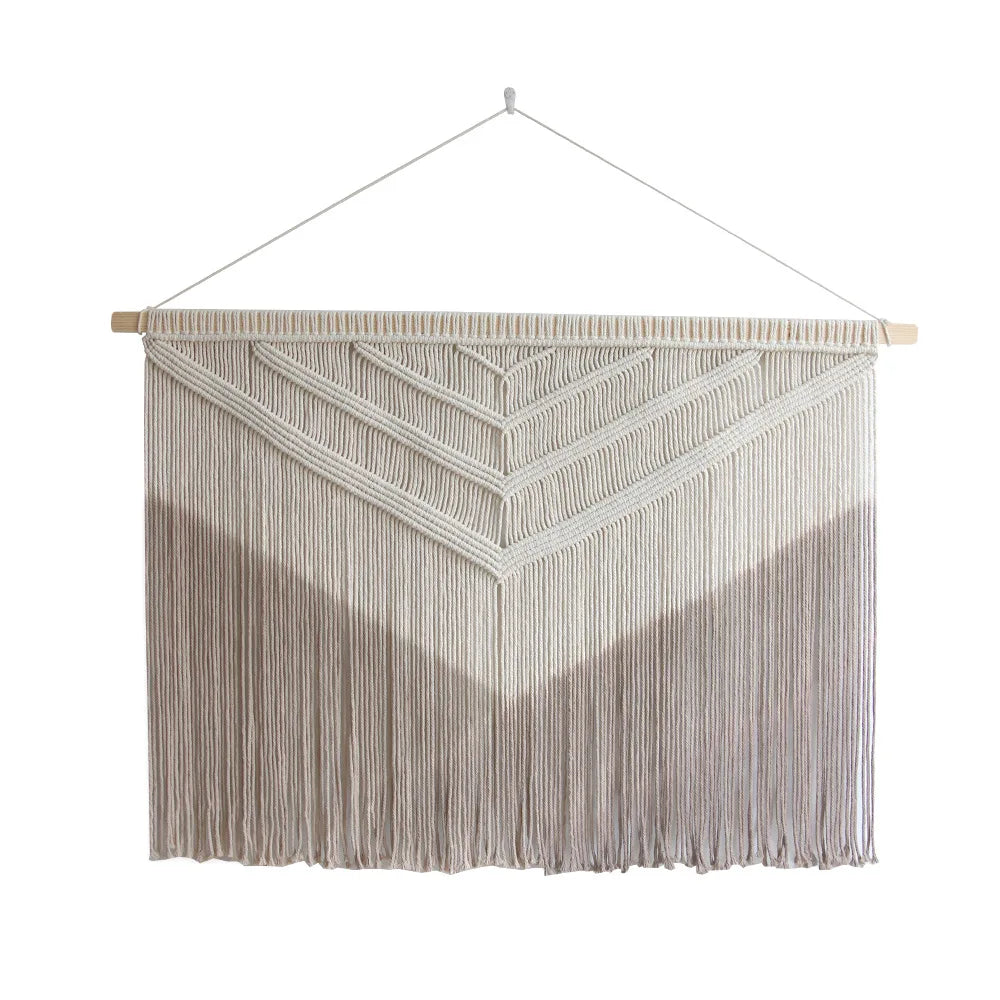 tapisserie macramé motif géométrique franges boho chic beige clair tissage polyester coton fixations