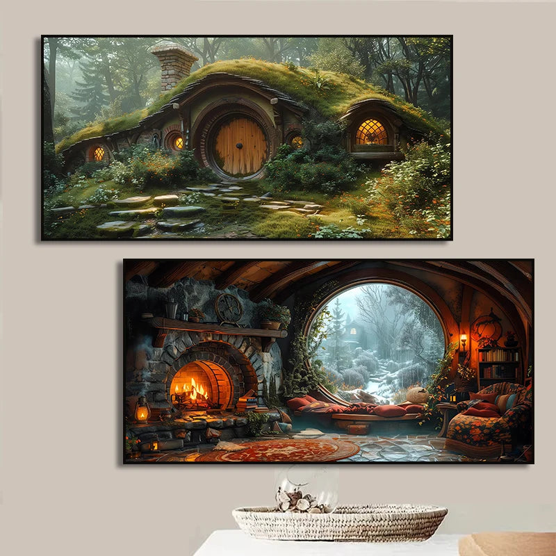 toile d'art paysage nature maison ronde cheminée canapé tapis livres arbre feu confortable moderne