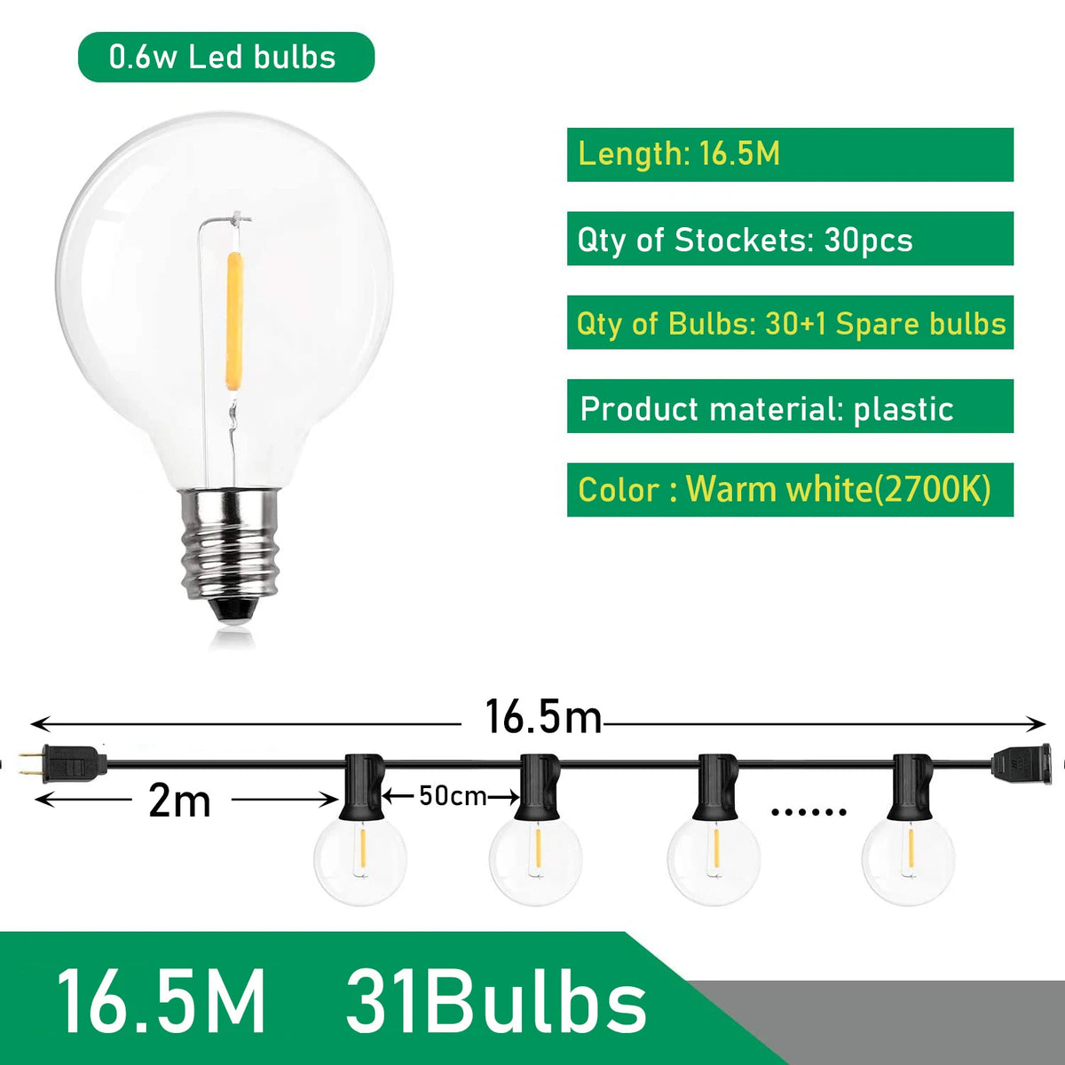 guirlande lumineuse extérieure 26m 50 led blanc doré moderne transparent
