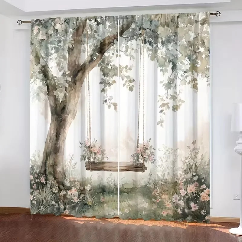 rideau floral paysage moderne balançoire arbre fleurs translucide 100 polyester 60x150cm 75x166cm 105x230cm 130x210cm