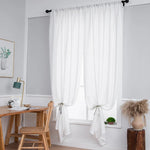 rideau semi transparent polyester texturé pompons bohème blanc bleu gris decoration tringle cordons serrage