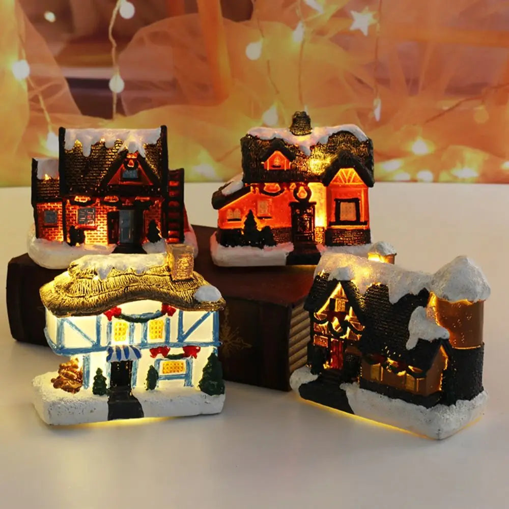maison miniature résine décorative noël vintage porte fenêtre toit arbre guirlande horloge cheminée