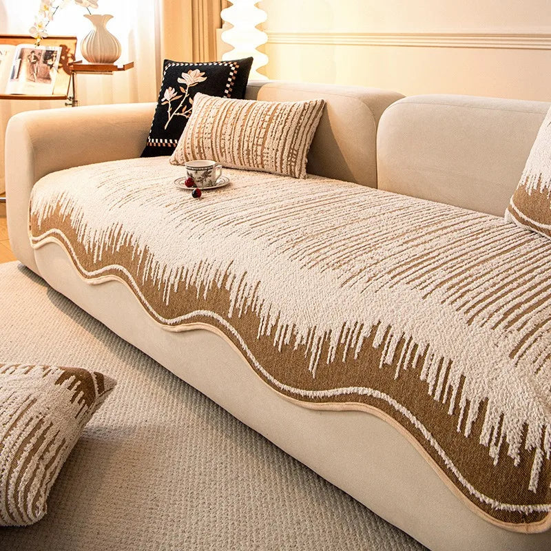 housse canapé extensible chenille jacquard rayures horizontales moderne salon gris beige