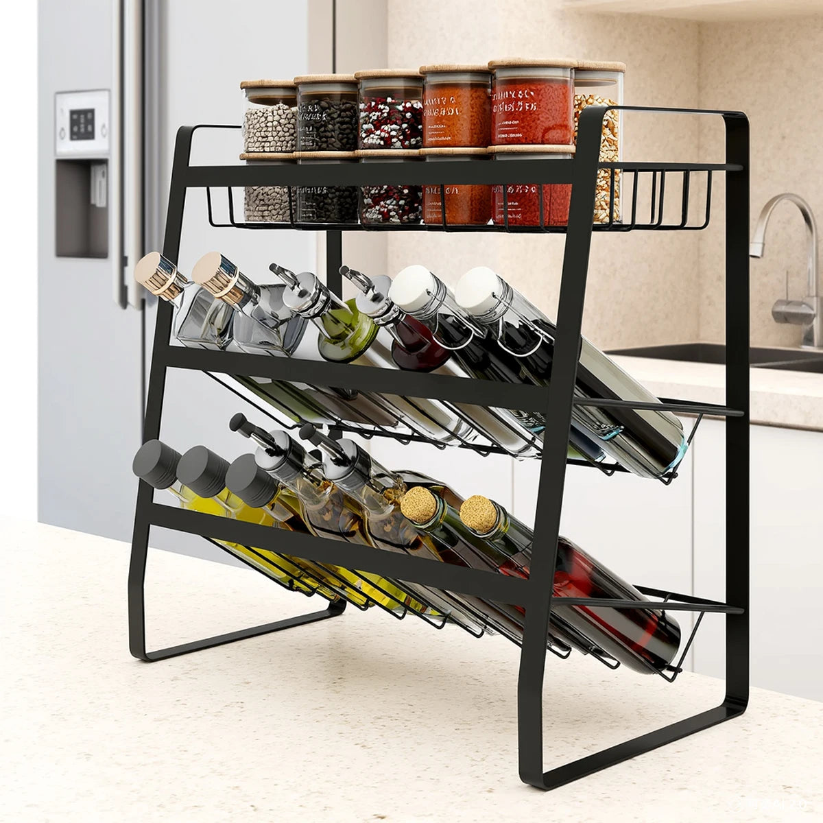 étagère épices noire moderne niveaux cuisine organisation bacs métalliques inclinées pratique rangement assaisonnements bouteilles