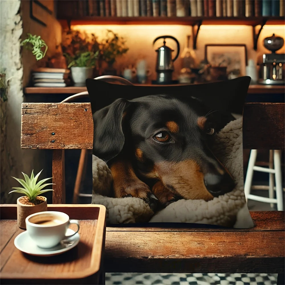 housse coussin carré dachshund imprimé polyester fermeture éclair noir marron beigeintérieur blanc deco intérieure