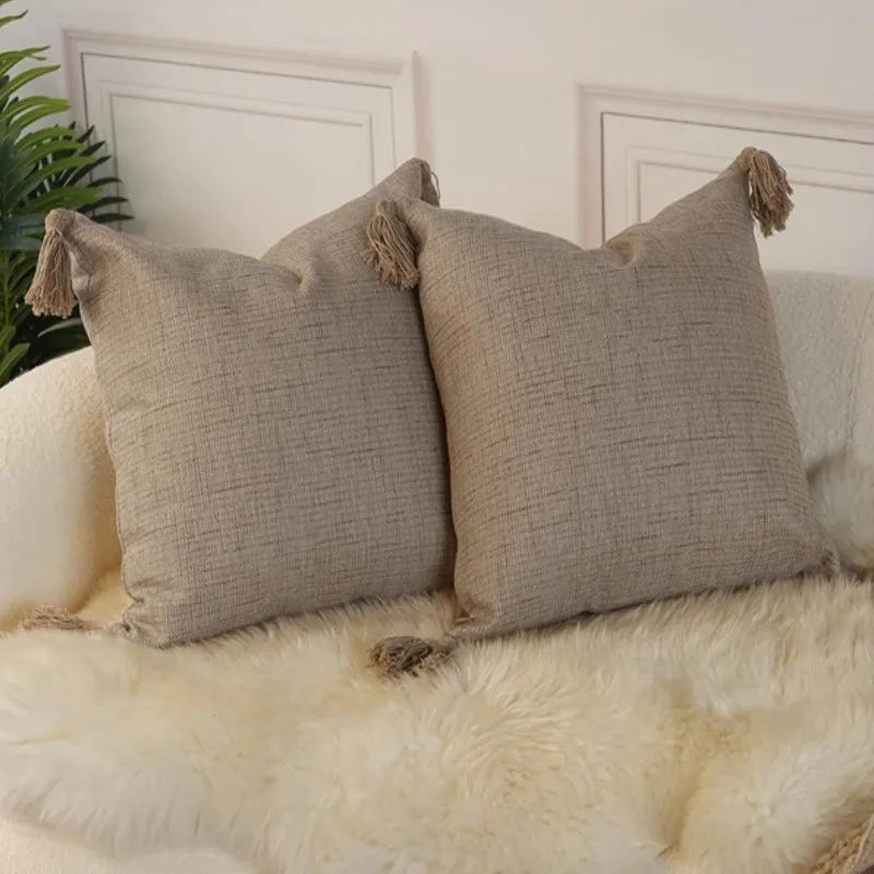 coussin carré texture tissée rustique beige lavable 45x45cm pompon adhésif