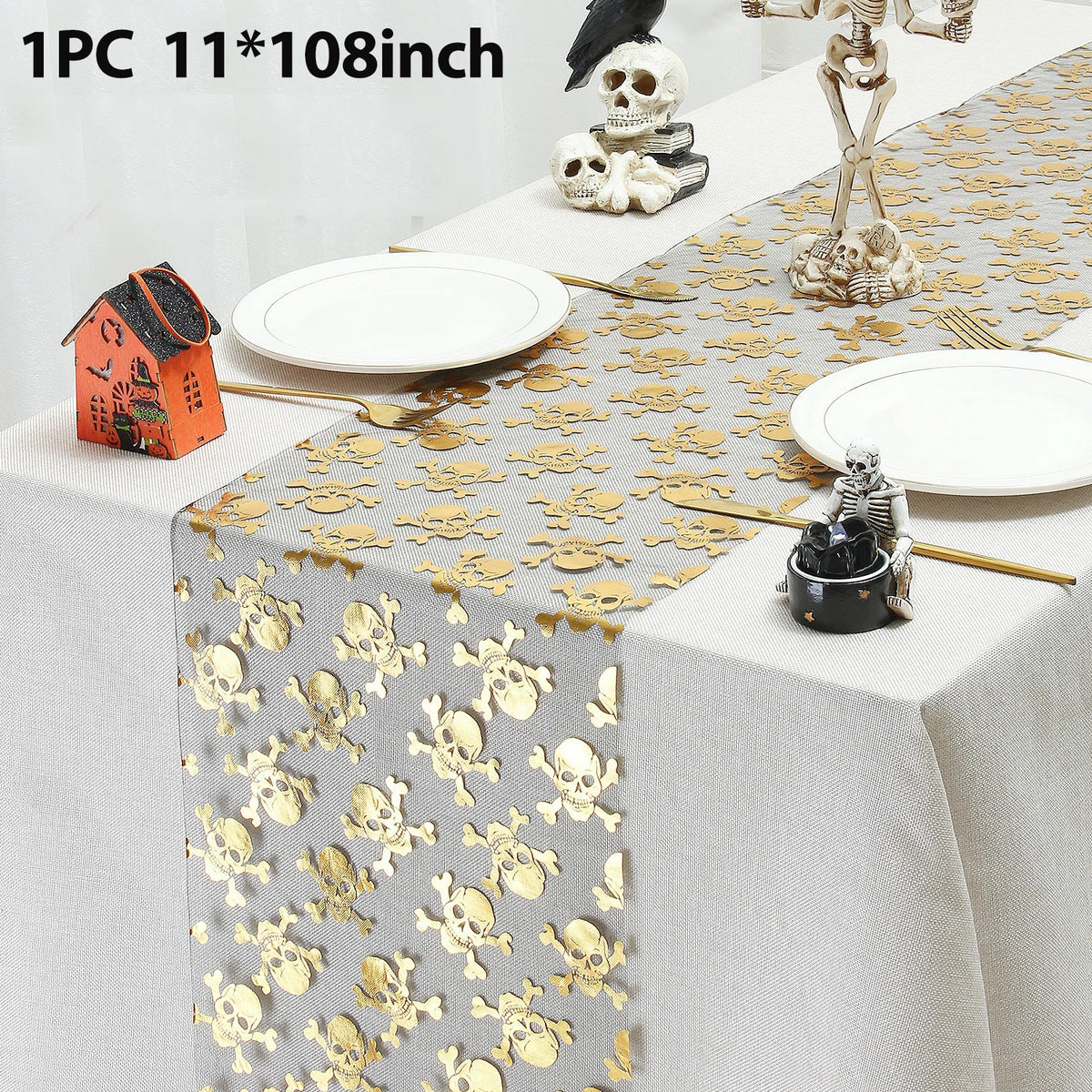 table table halloween citrouilles crânes araignées feuilles gris doré unique festive