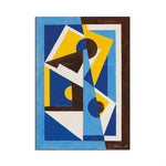 Un tableau abstrait aux formes géométriques en bleu, jaune et marron, créant une composition dynamique et harmonieuse.