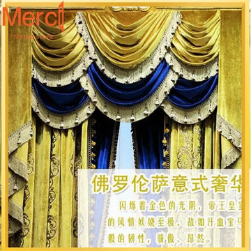 rideaux polyester opaques broderie dorée franges pompons or bleu classiques chambre salon