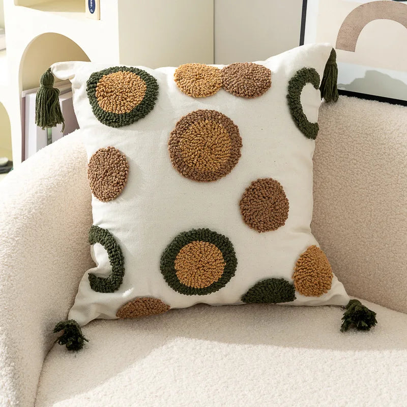 taies d'oreiller carrées 45x45cm moderne motifs géométriques blanc marron vert bleu beige tasseaux