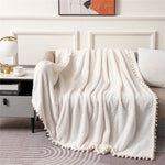 couverture tricotée polyester blanc motif pompons douce hiver décoration chambre coucher