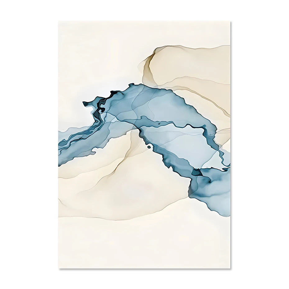 toile d'art abstraite moderne minimaliste beige bleu fluides sans cadre rectangle vertical huile nature