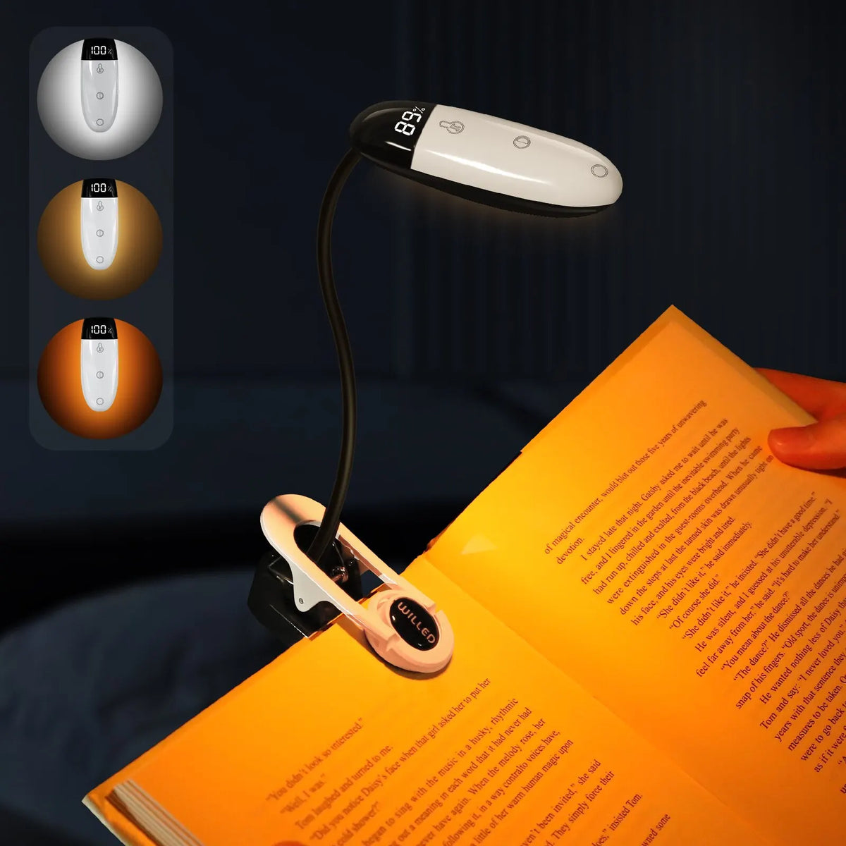 lampe lecture pinces rechargeable led blanc noir écran charge moderne minimaliste