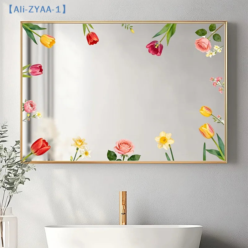 miroir adhésif moderne fleurs feuilles verte doré noir floral amovible chambre salle bain