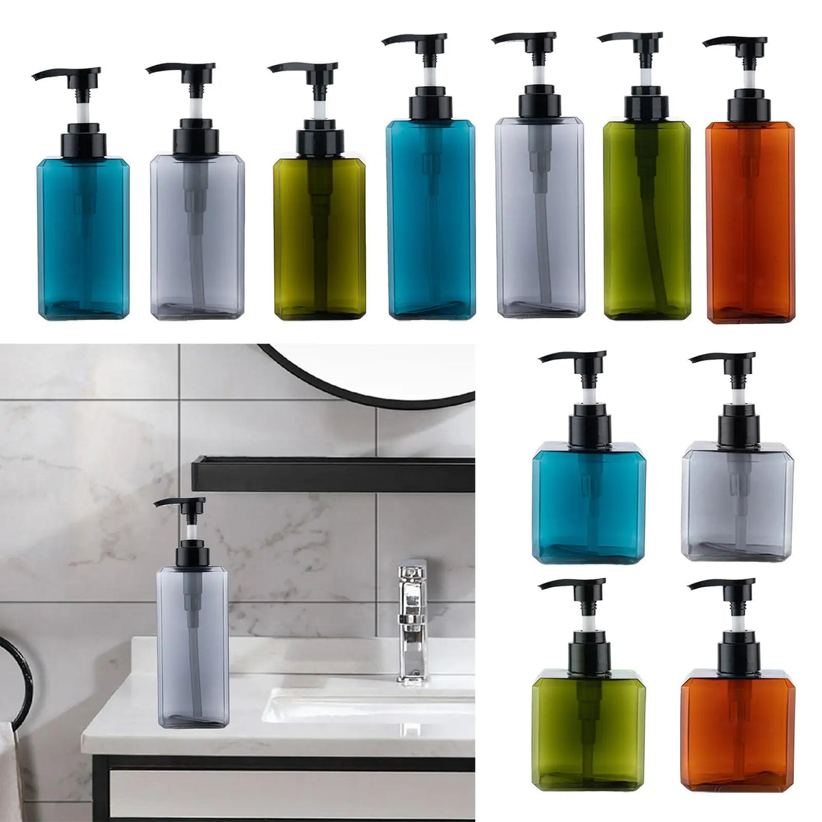 flacon savon liquide pompe rechargeable bleu moderne transparent refillable 250ml 450ml 650ml