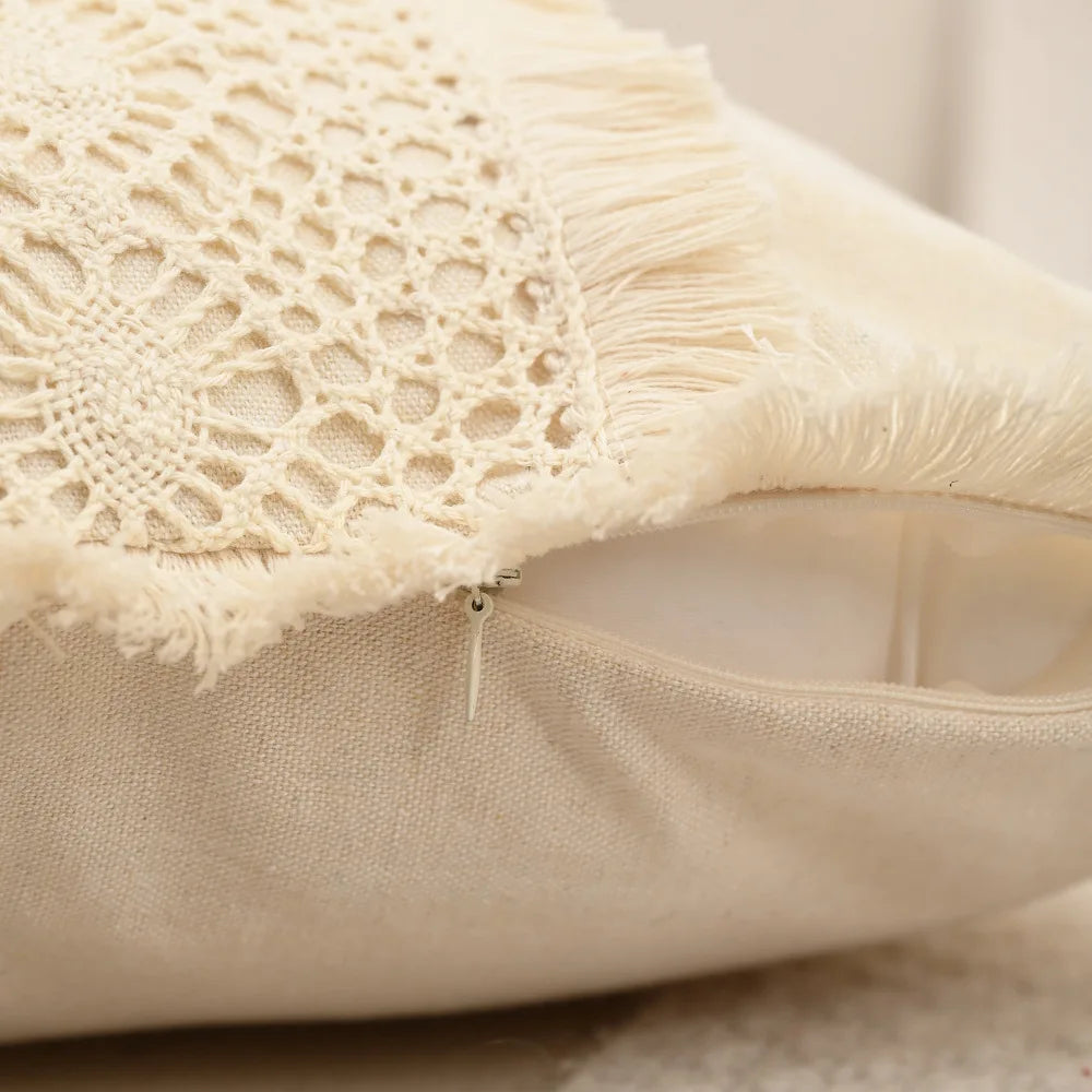 housse coussin bohème coton lin crochet beige vintage zippée maison canapé chaise voiture 45x45cm