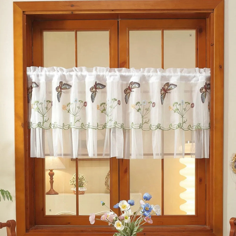rideau brodé fleurs papillons bleu clair blanc transparent classique polyester