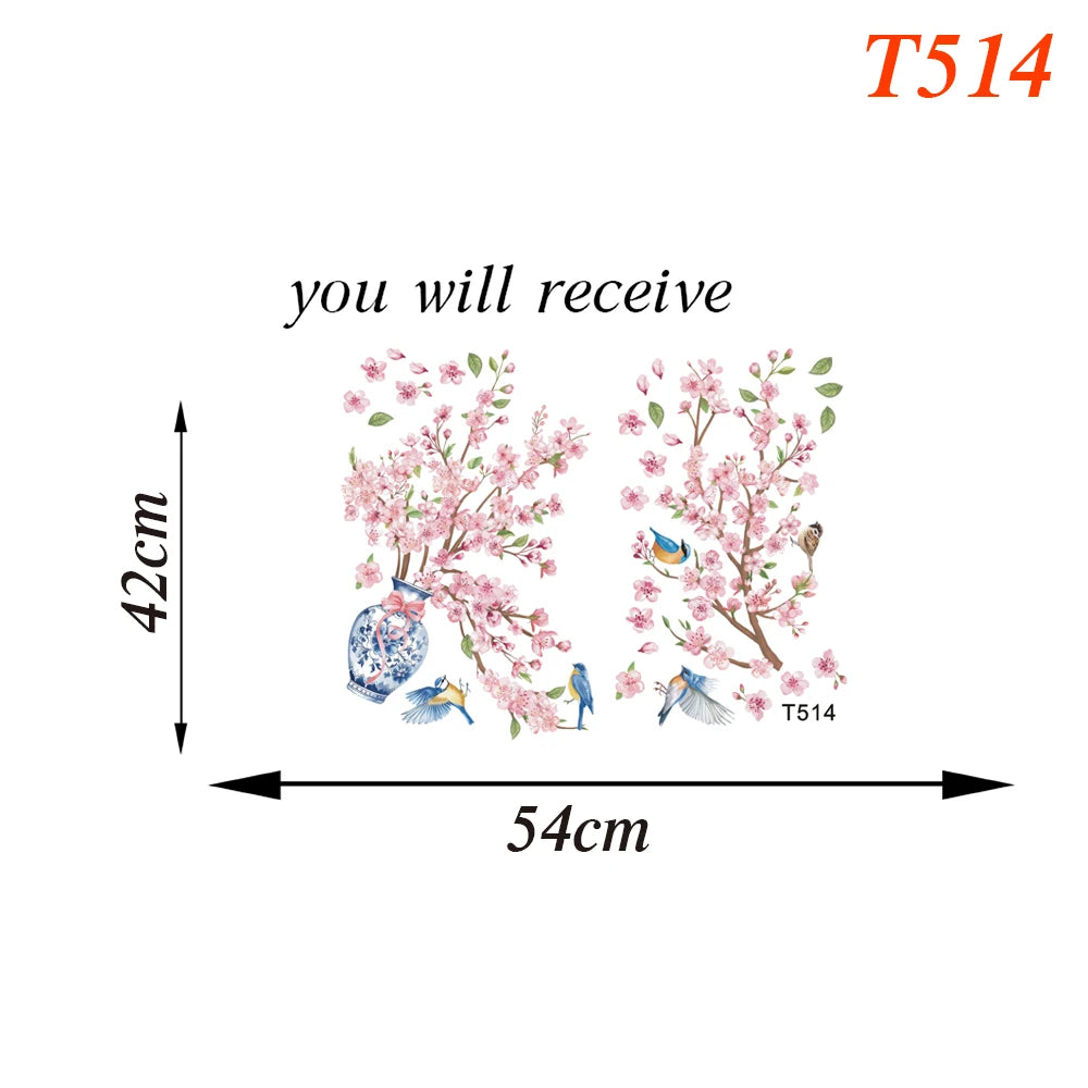 sticker mural arbre fleur cerisier rose oiseaux feuilles naturel chambre salon kitchen