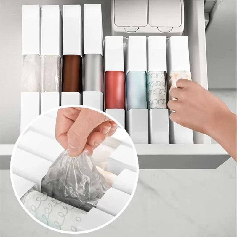 rangements sacs plastique blanc moderne stockage sacs poubelles cuisine tiroirs organisation économique écologique
