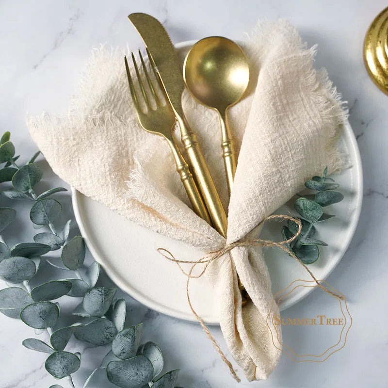 serviettes cuisine rustiques coton noir orange beige blanc rose pâle franges rustic naturel