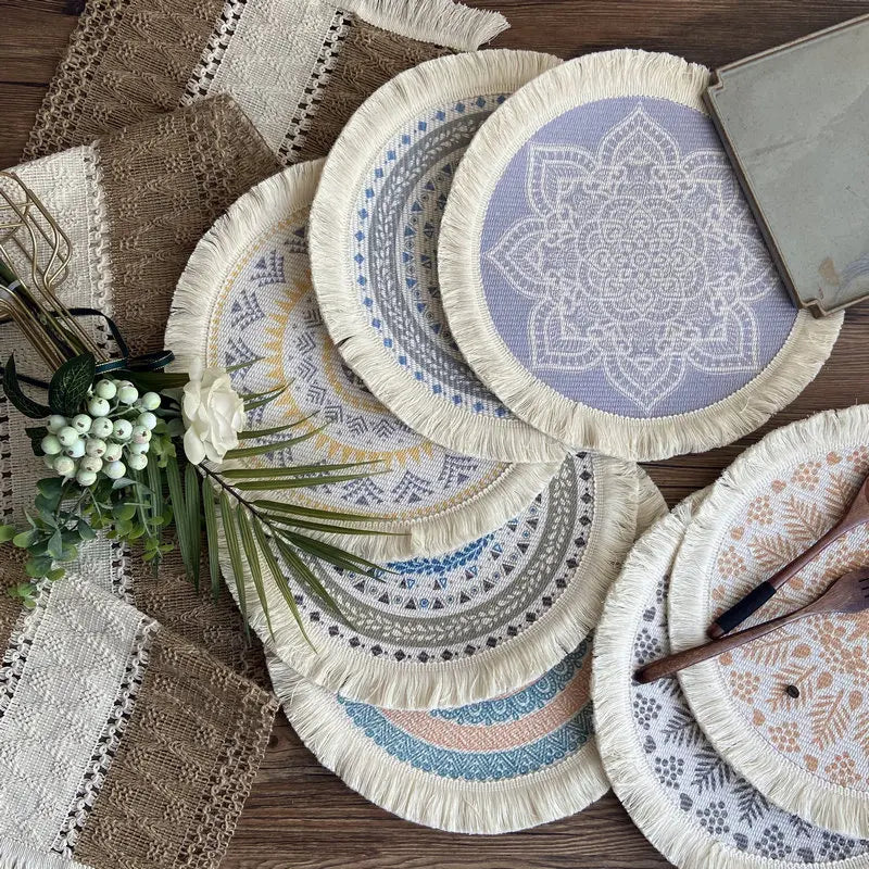 assiettes boho chic mandala feuilles points franges reutilisables antiderapantes isolation thermique respectueux environnement