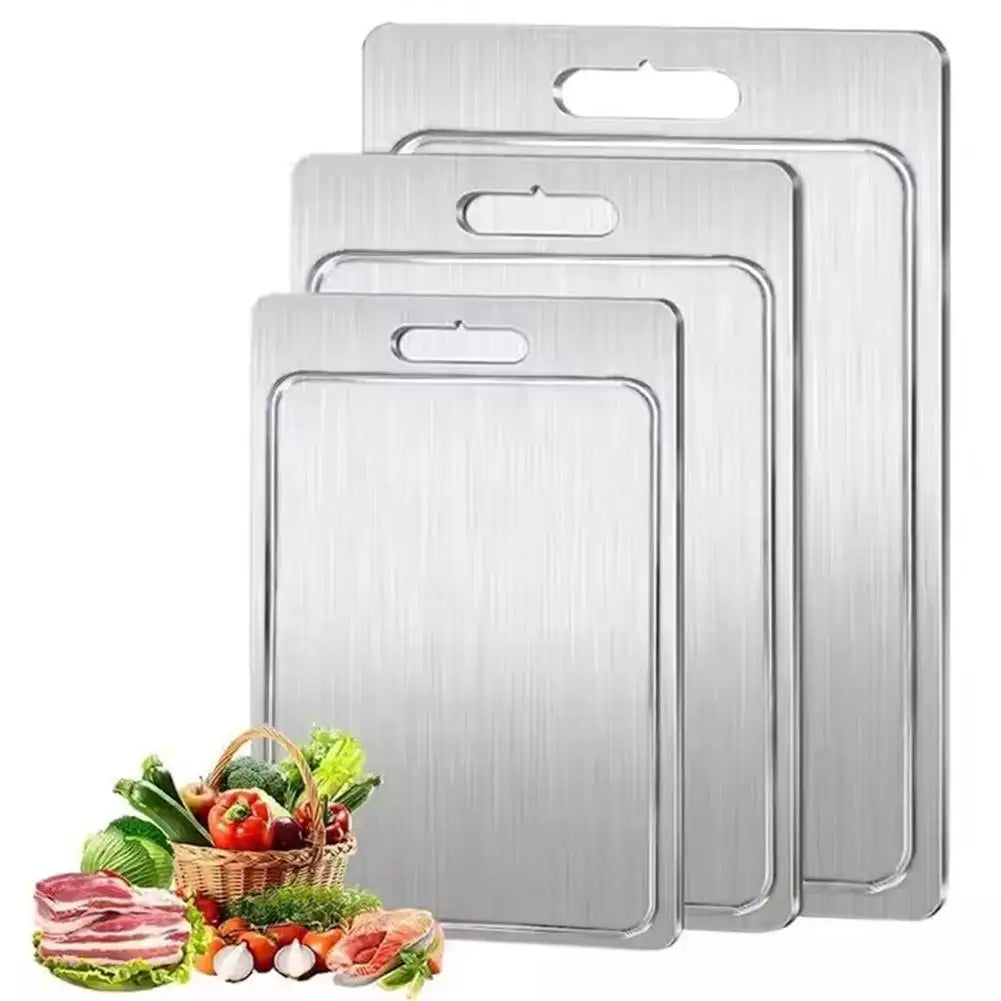 planche découper acier inoxydable texture brossée poignées moderne cuisine qualité alimentaire double face 28cm