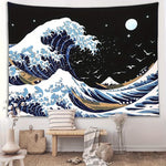 tapisserie moderne art japonais ondes étoiles noir blanc bleu beige chambre coucher