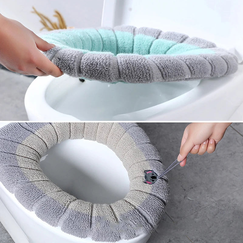 couvre siège toilette violet bleu gris rayures horizontales doux confortable fixé ruban noir lavable