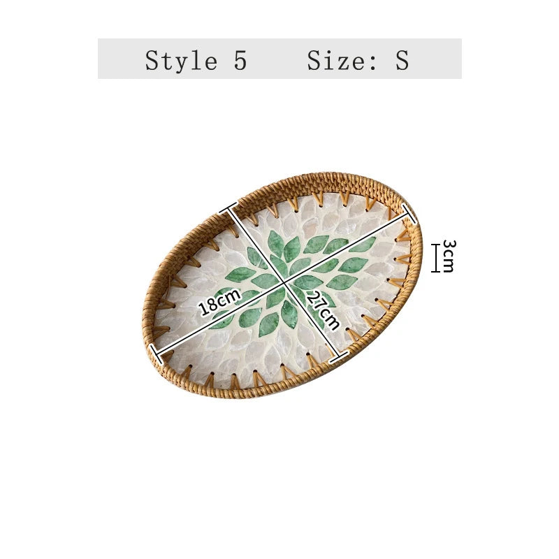 assiettes ovales rotin mosaïque coquillages boho rustique multicolore thé collations