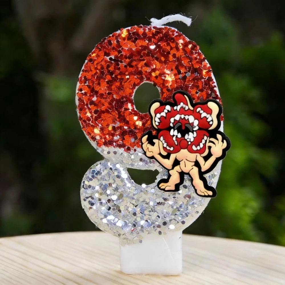bougie chiffre rouge blanche paillettes figurine singe décoration anniversaire enfant festive stranger things