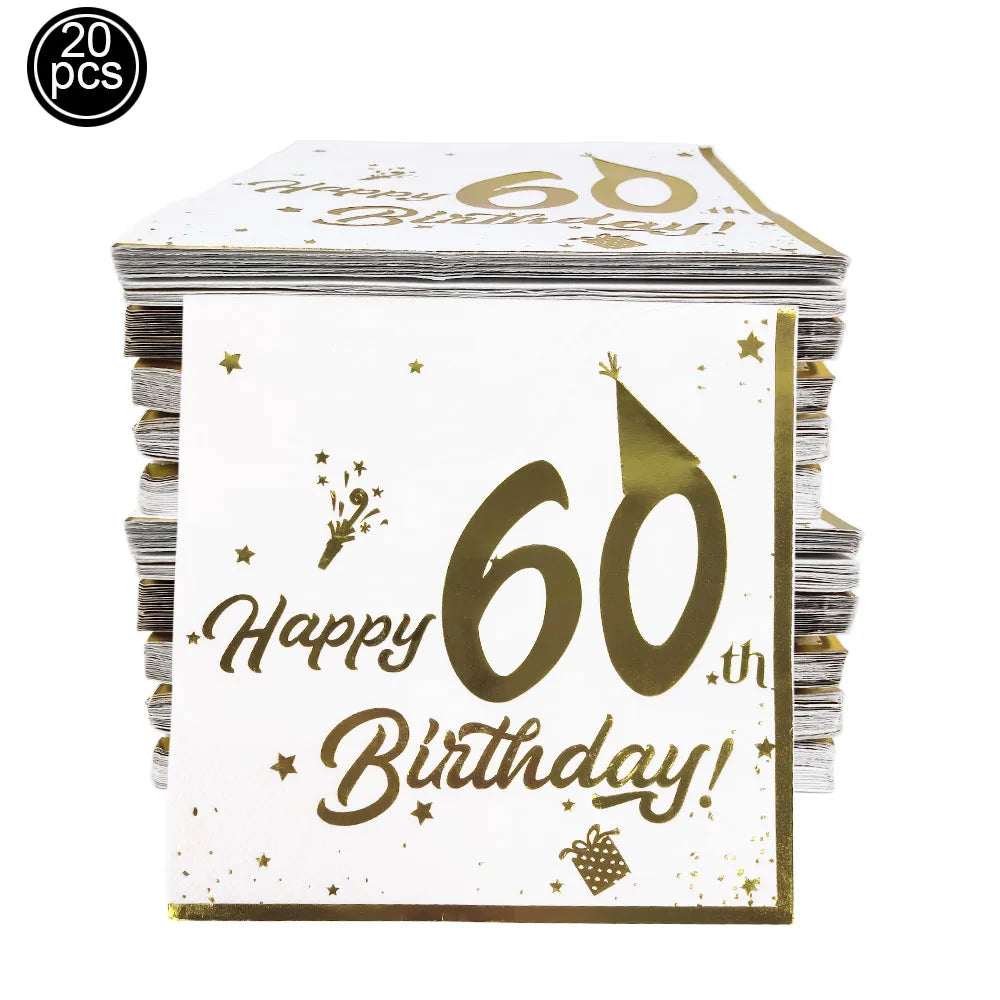 serviettes papier blanc doré anniversaire chiffres étoiles ballons textes festives 18 20 30 40