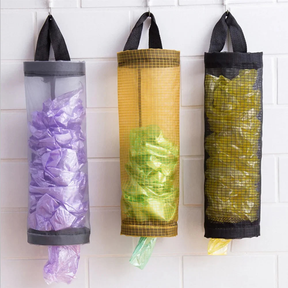 sacs poubelle réutilisables rangement cuisine support suspendu collecteur déchets transparent violet jaune noir gris