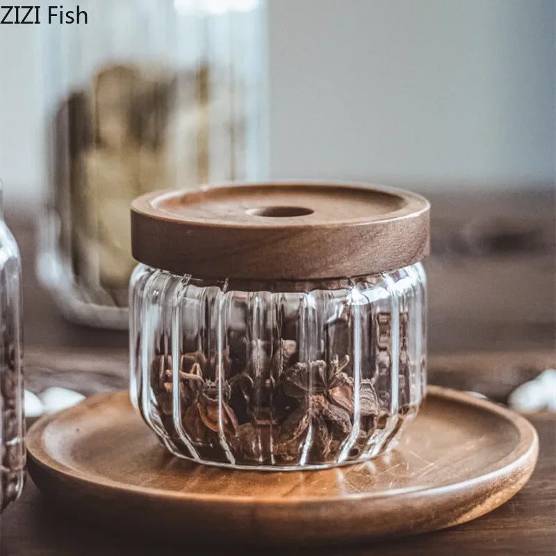 boîte hermétique verre couvercle bois rangement cuisine imperméable qualité alimentaire japonais transparent vertical moderne