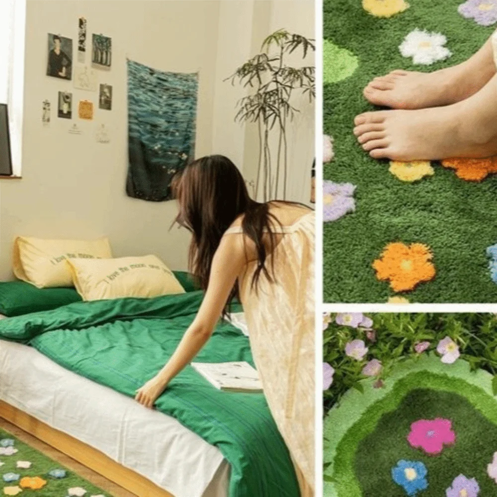 tapis vert fleurs moderne intérieur polypropylène géométrique jaune blanc rose orange doux