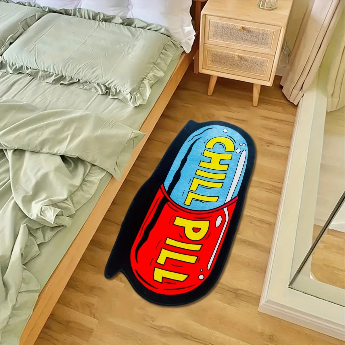 tapis antidérapant chill pill capsule pop art bleu rouge noir salle bain chambre couloir