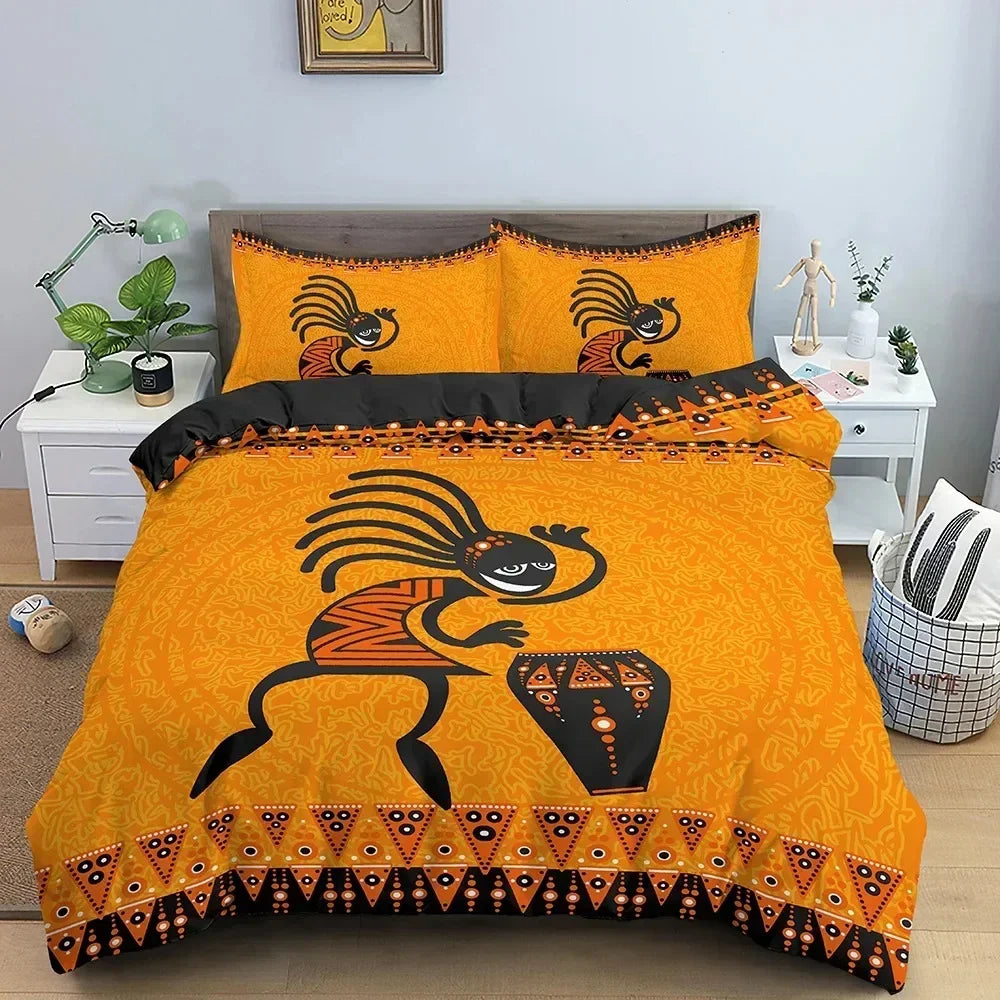 Chambre décorée avec housse de couette orange bohème