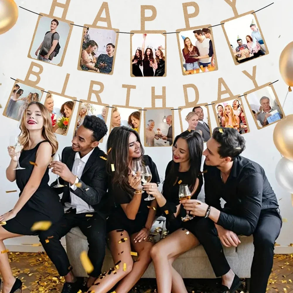 guirlande lettre happy birthday photos cadre papier kraft clips marron decoratif festif