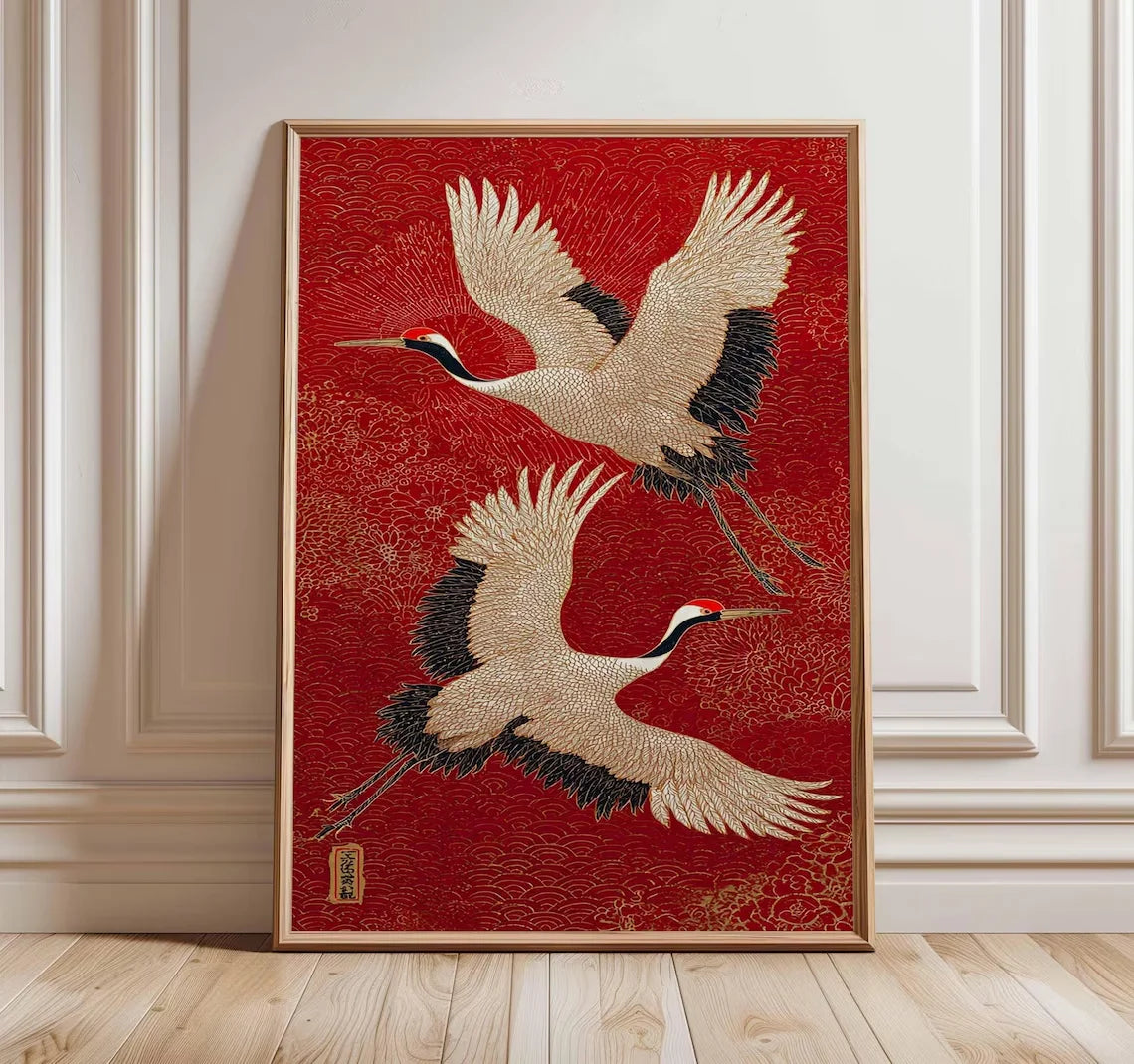 tableau toile oiseaux rouges art traditionnel japonais décoration murale maison cadre bois noir