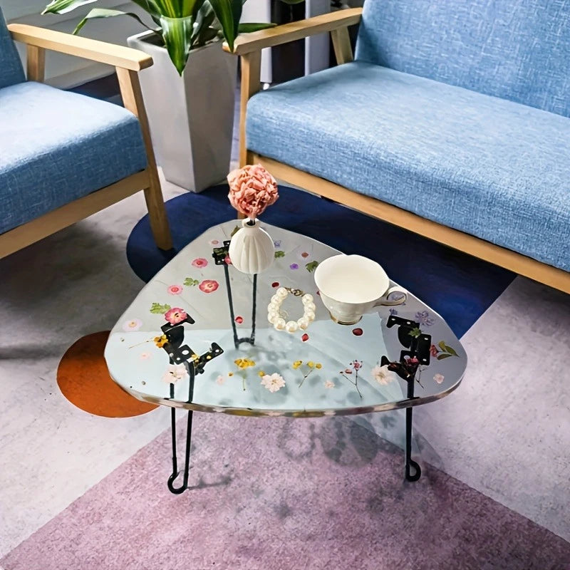 table basse moderne transparente fleurs colorées pieds métalliques plateau decoratif résine bleuclairintérieur contemporain bohême